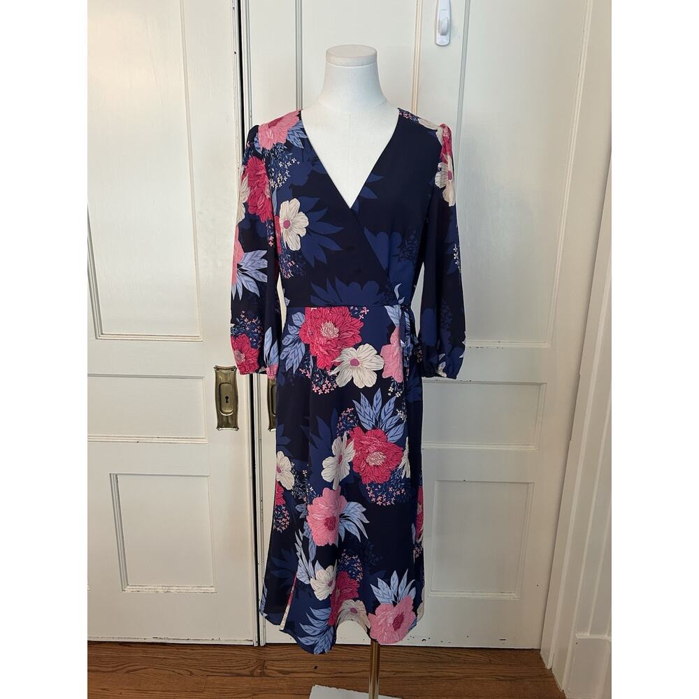 Eliza J Floral Faux Wrap Midi Dress Womens Size 6 Blue Pink Classic Preppy
